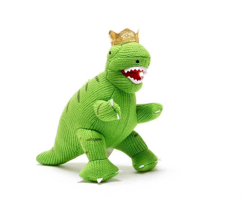 Knitted Green King T Rex with Crown Dinosaur Plush Toy