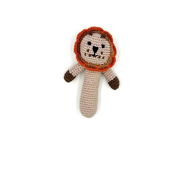 Crochet toy handmade fairtrade Stick rattle Lion