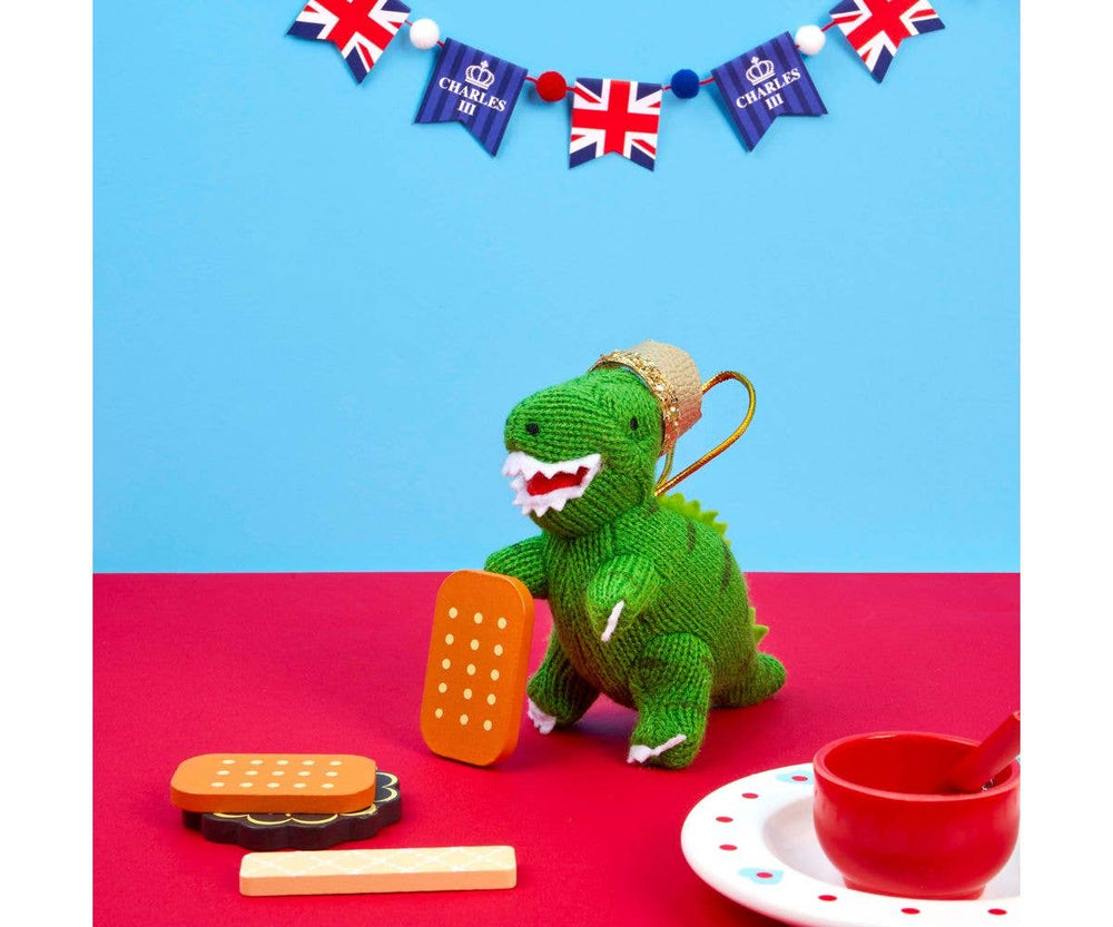 Knitted King T Rex Dinosaur with Crown Ornament