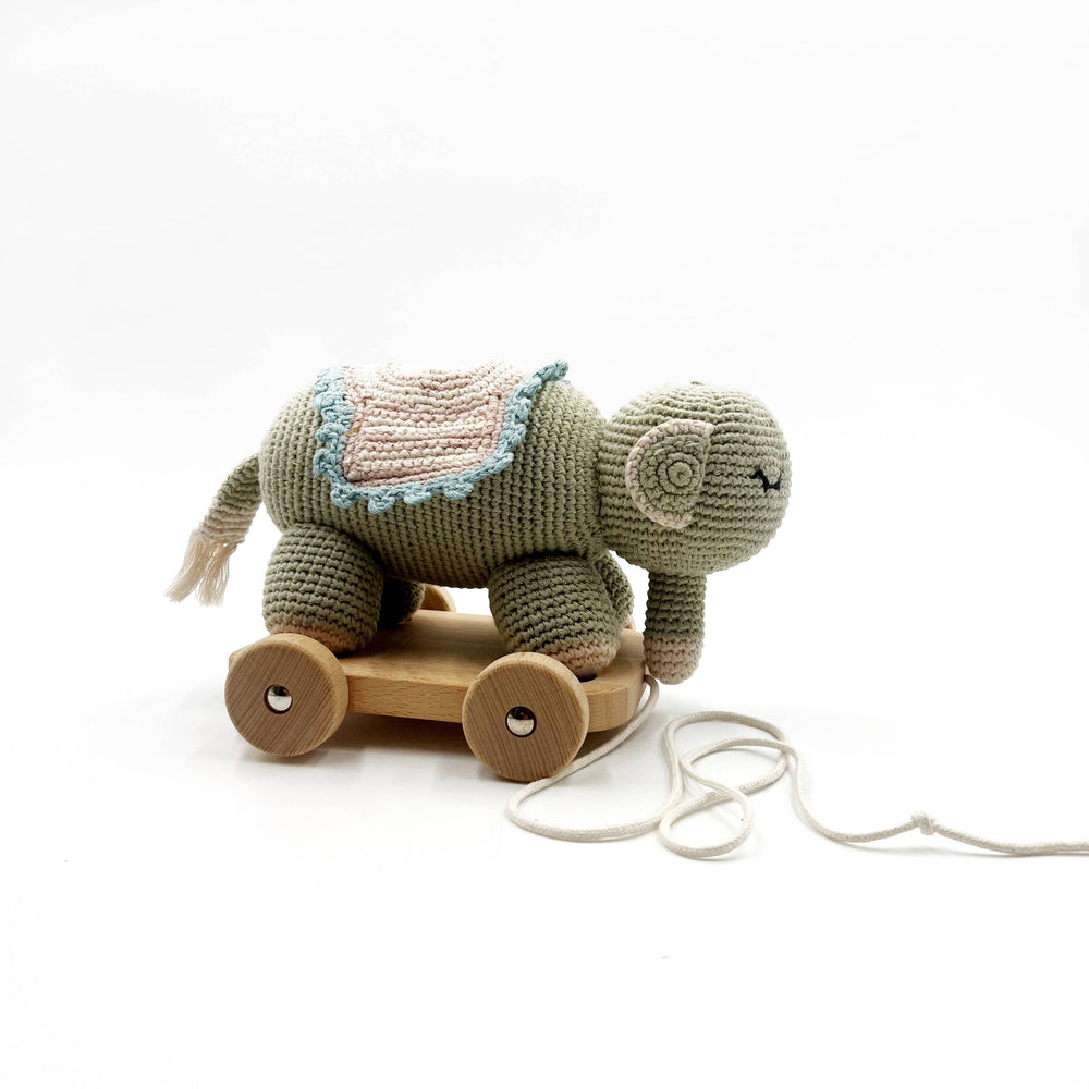 Handmade pull along toy elephant  - teal